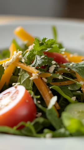 Vertical video panning over fresh garden salad with parsley and cherry tomatoes