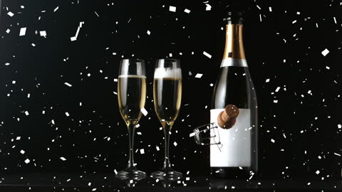 Champagne Celebration with Falling Confetti on New Year's Eve