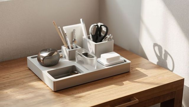 Minimalist modular desk organizer holding bluetooth speaker and scissors in sunlit workspace