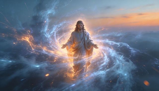 Divine figure hovering in swirling blue and gold vortex over dawn clouds