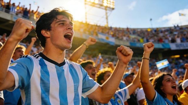Passionate argentina fans cheering in stadium raising fists waving flags celebrating goal