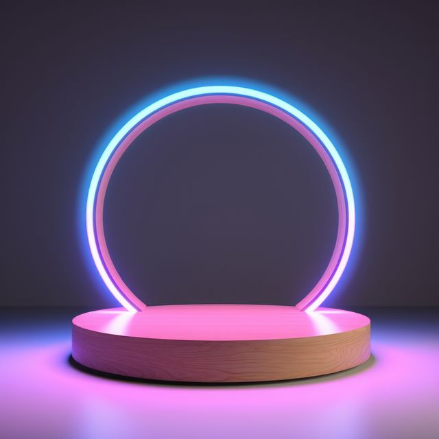 Scene displays glowing circular podium with neon lights in purple and blue hues, ideal for technology product showcases, branding, advertisements, abstract designs, and promotional visuals highlighting innovation.