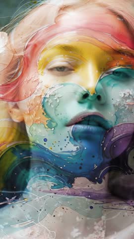 Vertical video opening eyelids reacting while pigments swirling on face with petal accent