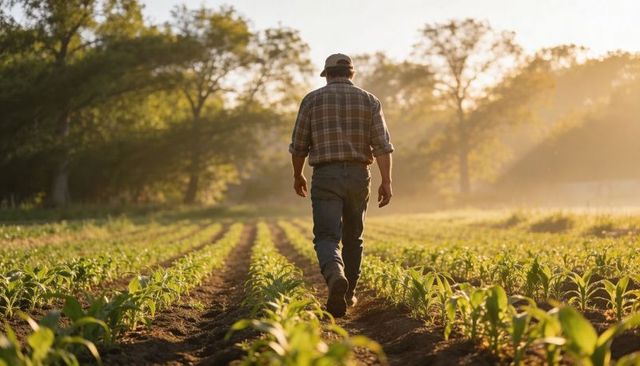 Farmer walking through young corn rows at golden hour, rural agriculture lifestyle scene