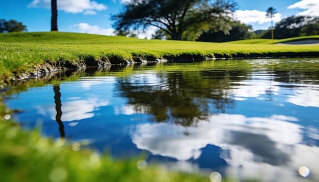 Reflecting golf pond ripples near putting green and yellow flagstick, lush grassy shoreline