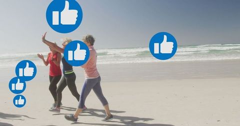 Women Exercising on Beach With Social Media Likes Icons