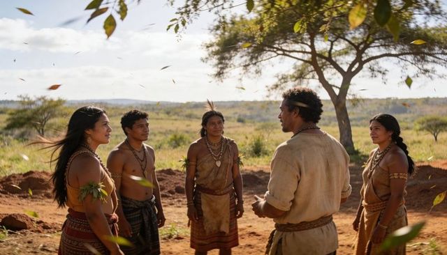 Indigenous community standing in savanna circle listening and talking under tree