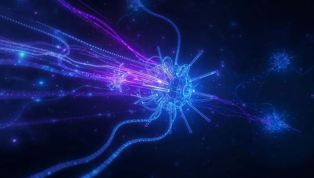 Futuristic abstract sphere with neon tendrils in cosmic network space