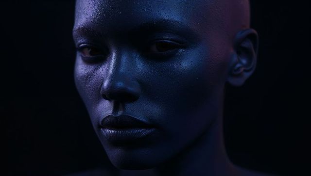 Bald female model with dewy textured skin in blue purple gel light, moody studio close-up