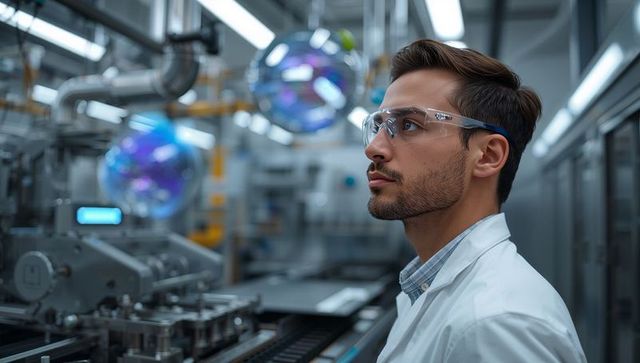 Monitoring automation processes: engineer in lab coat inspecting conveyor control panel