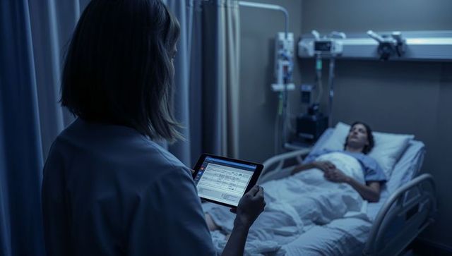 Nurse monitoring hospitalized patient using tablet at night in hospital room with iv equipment