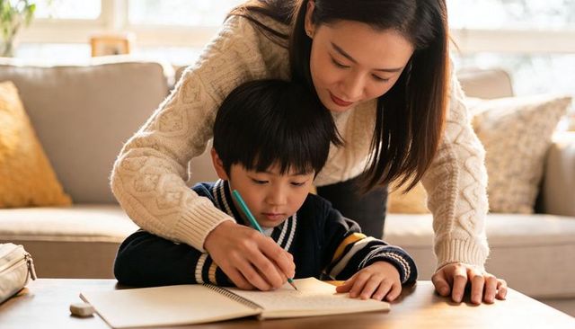 Mother guiding young child writing homework at home nurturing learning and concentration