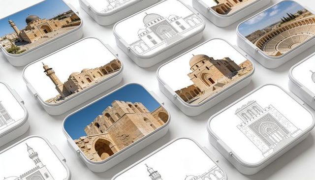 Showcasing travel tins with architectural printed and line art lids in grid mockup