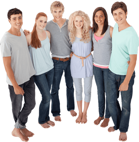 Group of Smiling Friends Embracing in Casual Transparent Attire