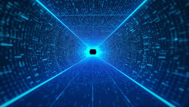 Neon hexagon portal leading through futuristic cyber tunnel of streaming data