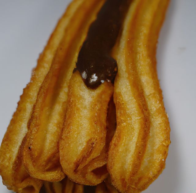 Close up of churros on white background created using generative ai technology. Sweets, nutrition and food concept, digitally generated image.