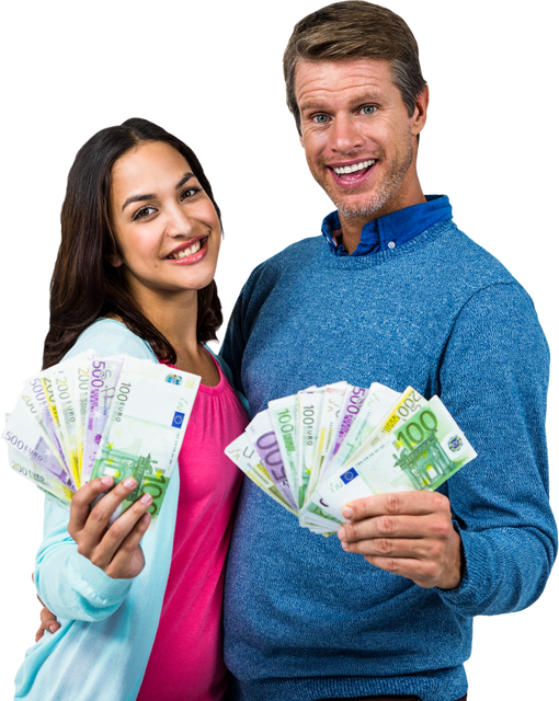 Smiling Couple Demonstrating Wealth with Euro Bills on Transparent Background - Download Free Stock Videos Pikwizard.com