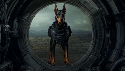 Doberman guarding spacecraft hatch wearing tactical armor on alien plateau