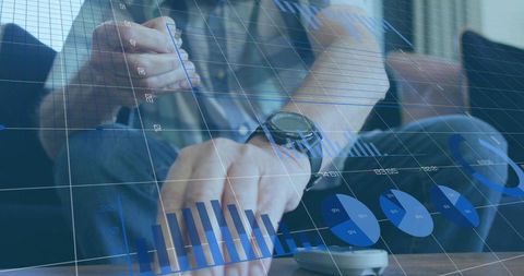 Senior man holding pen resting hands on table with digital finance dashboard overlay