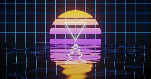 Retro Futuristic Neon Aesthetic with Grid and Water Reflection