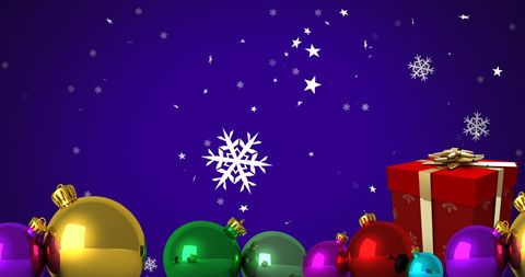 Festive Christmas Baubles and Gifts with Falling Snowflakes on Blue Background - Download Free Stock Images Pikwizard.com
