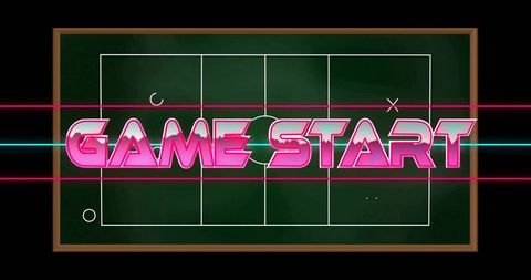 Retro neon game start showcasing chalkboard playbook with pink glow, scan lines, synthwave