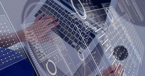 Professional woman analyzing financial data on laptop with digital interface