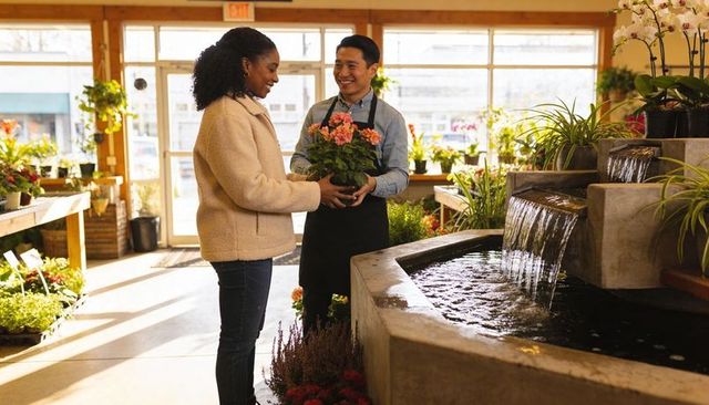 Friendly nursery staff handing potted pink flowering plant to customer near indoor fountain