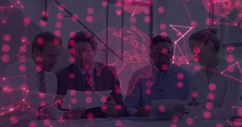 Business Team Collaborating Over Documents with Digital Global Network Overlay, Data Analytics