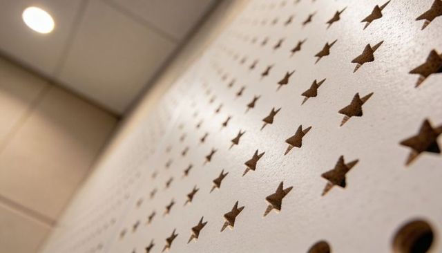 Perforated star acoustic wall panel featuring suspended ceiling and dramatic shadow play