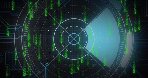 Circular radar HUD displaying sweeping cyan beam with green binary code on dark grid