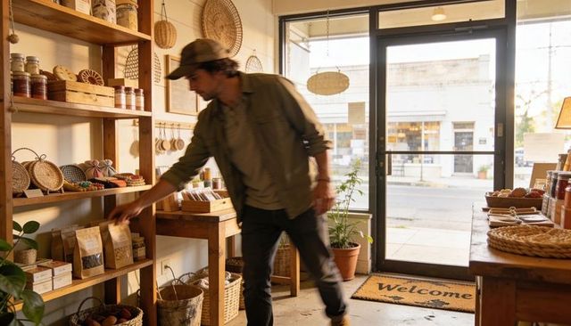 Man selecting packaged goods on wooden shelf in cozy artisanal boutique storefront at golden hour