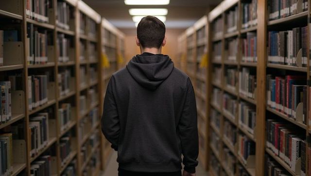 Young man walking down narrow library aisle between book-lined wooden shelves