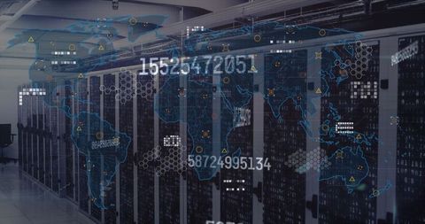 Futuristic data center with digital world map layer and numeric overlay