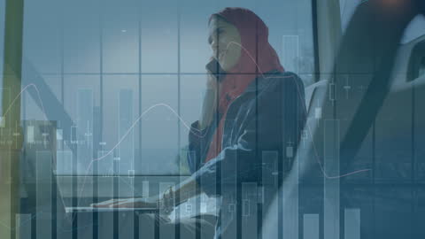 Businesswoman in Hijab Analyzing Data on Bus with Overlay