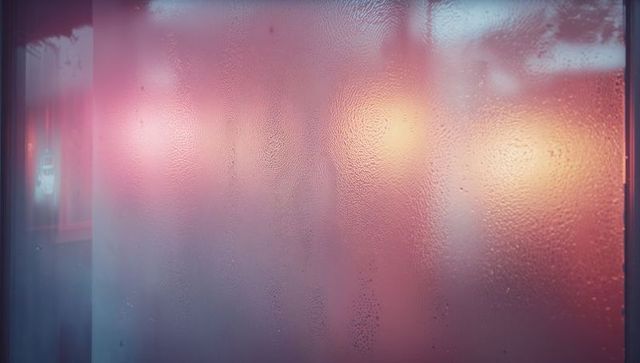 Vibrant neon reflection on foggy glass