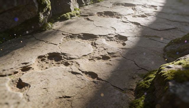 Sunlight filtering over weathered limestone path pitted with potholes, moss and dust