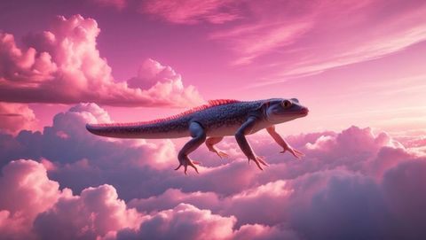 Surreal Reptile Gliding Over Ethereal Cloudscape at Sunrise