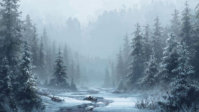 Misty winter stream winding through snowy pine forest in remote mountain valley