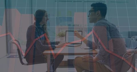 Business strategy meeting with overlay of growth charts