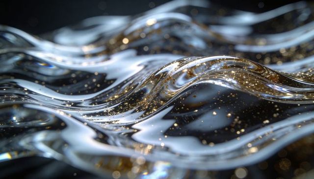 Shimmering glass waves flowing with gold flecks and bokeh light, abstract luxury