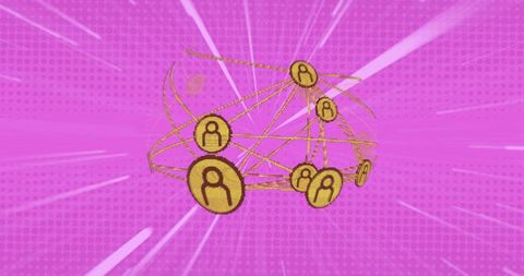 Glowing magenta global network with golden avatar nodes forming digital connection sphere