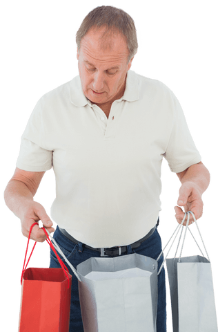 Caucasian Male Checking Shopping Bags on Transparent Background