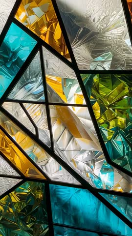 Tilting camera revealing textured stained-glass window with geometric color panels and lead came