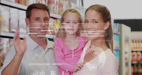 Happy family shopping with augmented reality data overlays in modern grocery aisle retail