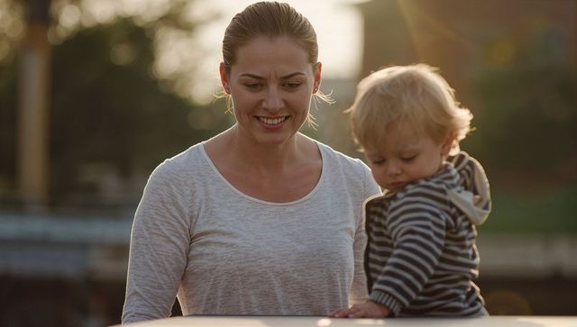 Smiling woman steadying toddler touching boat roof at waterside during golden hour