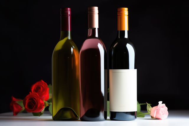 Three bottles of red white and rose wine on black background, created using generative ai technology. Wine week, drink, alcohol and wine tasting awareness concept digitally generated image.