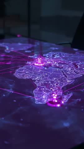 Projecting Purple Holographic Africa Map with Pulsing Magenta Nodes for Global Network