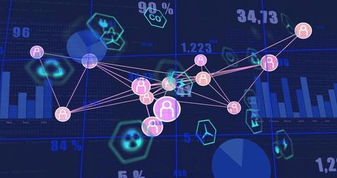 Neon network visualization showing interconnected user nodes and data analytics dashboard