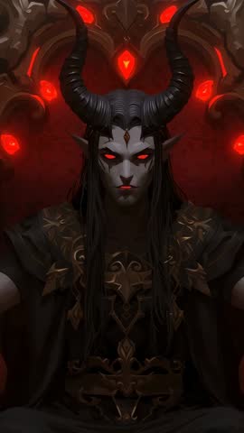 Horned Demon King Sitting on Throne, Red Gems Pulsating in Dark Gothic Hall